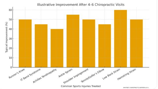 Bar graph showing typical improvement after 4-6 chiropractic visits for common sports injuries, ranging from 40% to 60%.