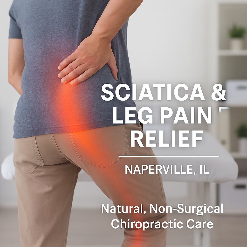 Person with hand on lower back, red highlight indicating pain. Text: Sciatica & Leg Pain Relief, Naperville, IL.