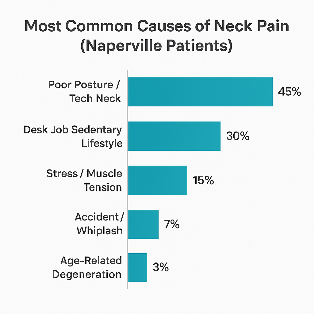 Bar graph showing most common causes of neck pain for Naperville patients, with Poor Posture/Tech Neck at 45%.