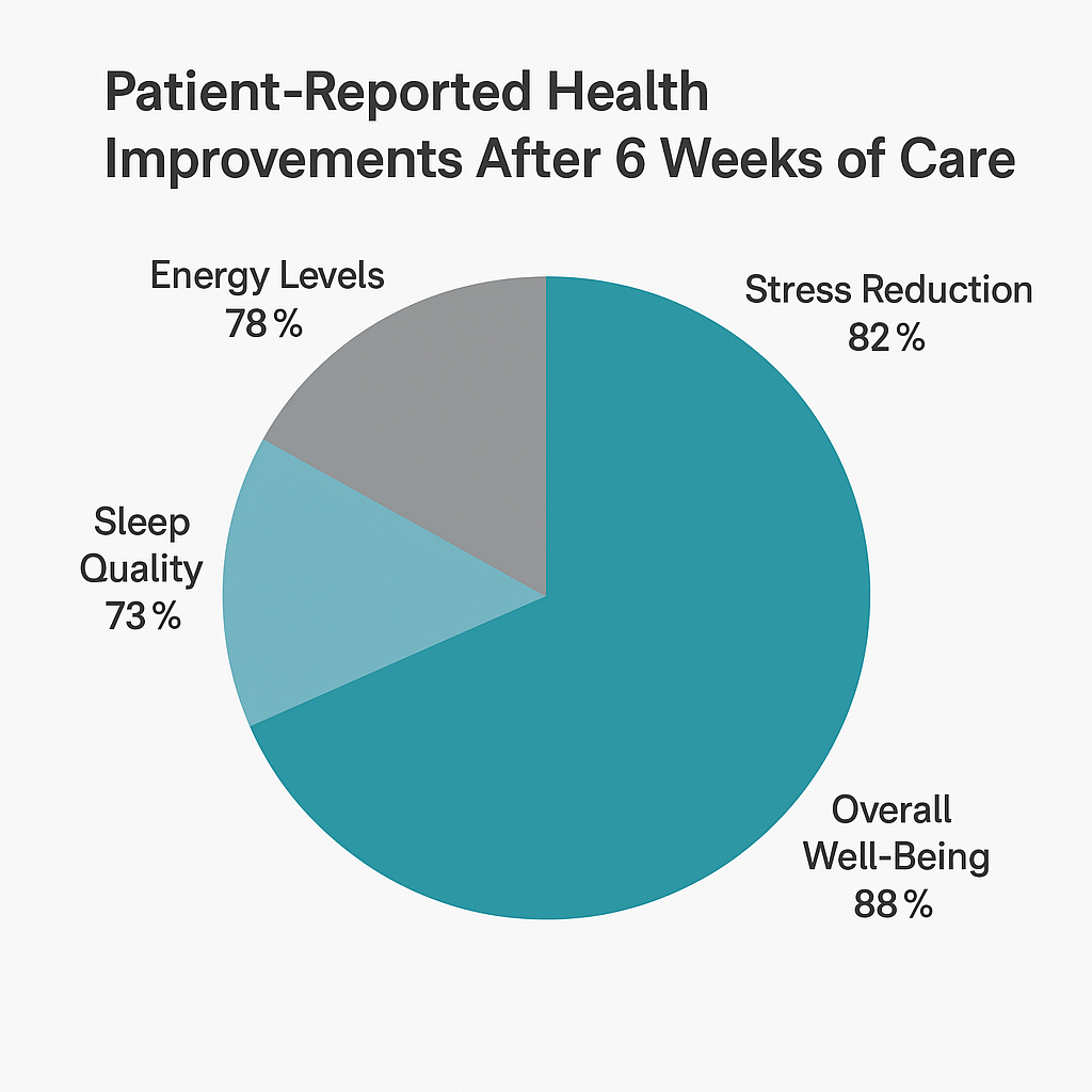 Pie chart: Patient-reported health improvements after 6 weeks.  Energy levels, sleep quality, stress reduction, and overall well-being.