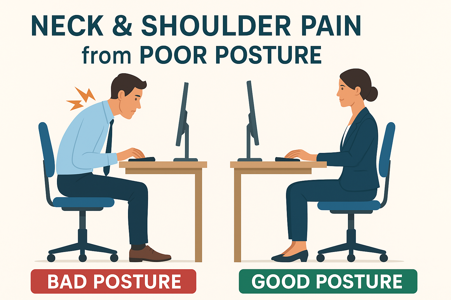 Comparison of bad posture (hunched over) and good posture (upright) at a desk.