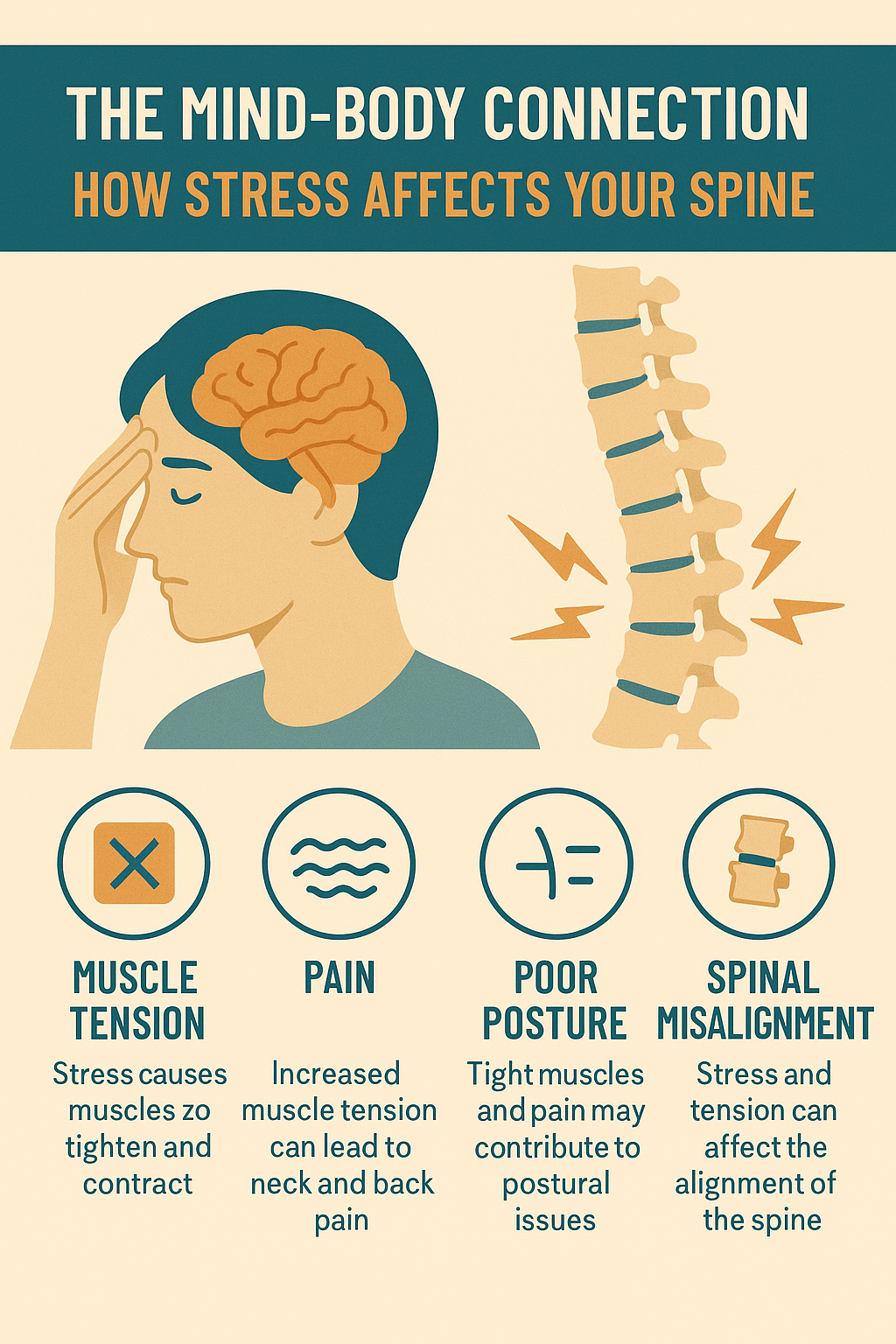 Infographic: Stress affects spine. Man with hand on head, spine image, and four effects: muscle tension, pain, posture, misalignment.