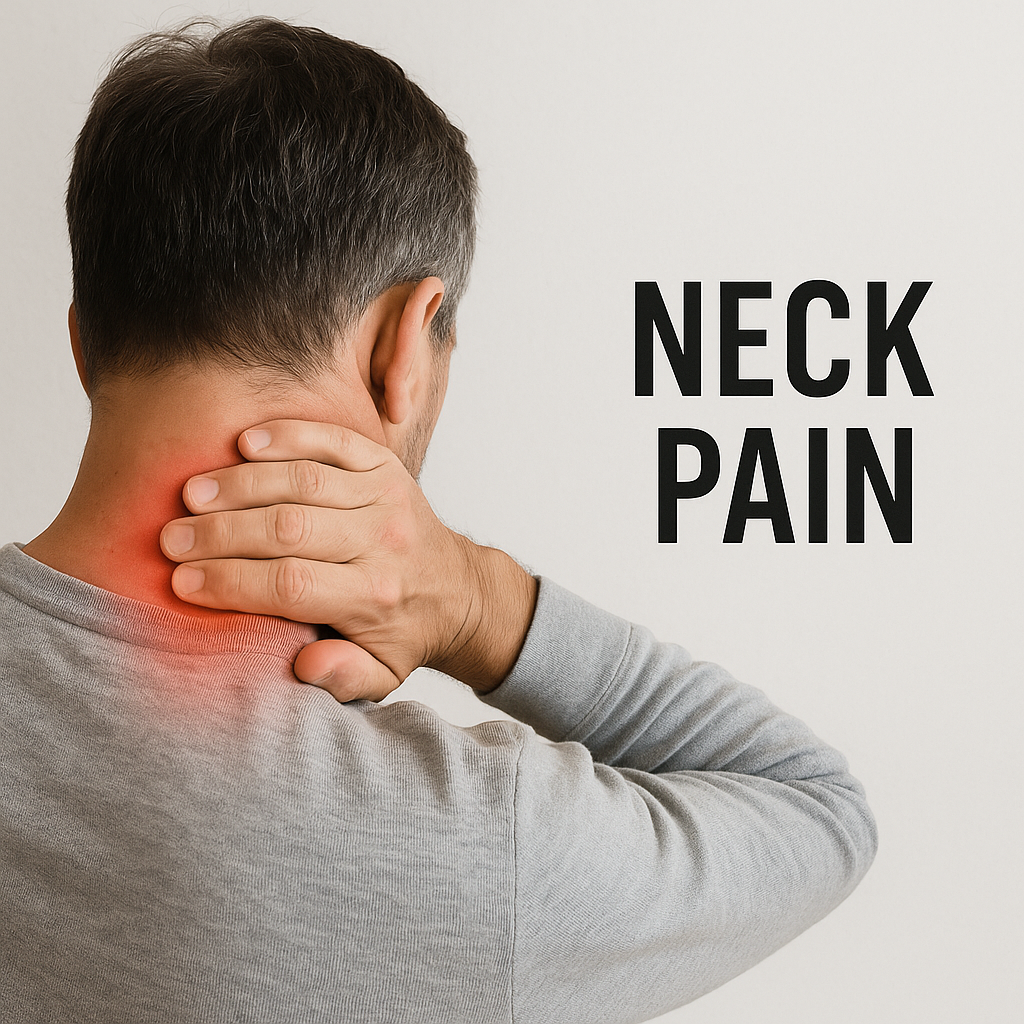 Person holding neck in pain; red highlight indicates location. Text