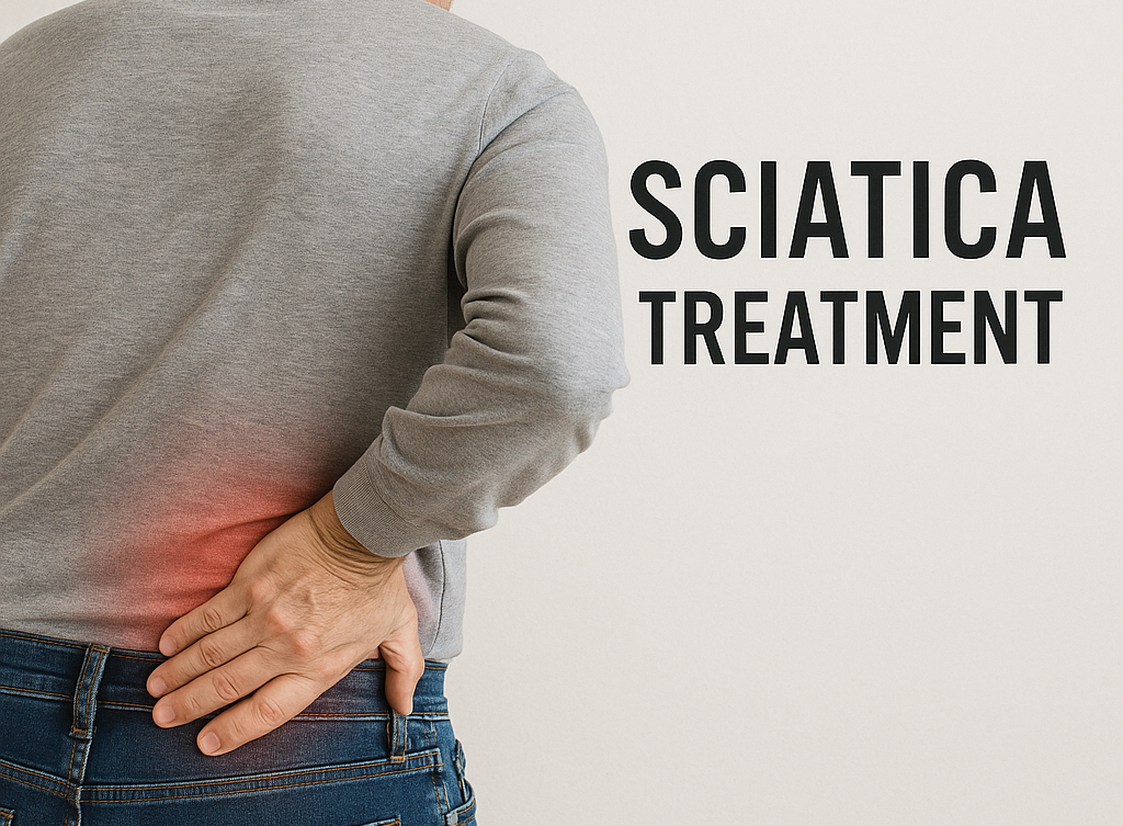 Person with hand on lower back, red pain spot,
