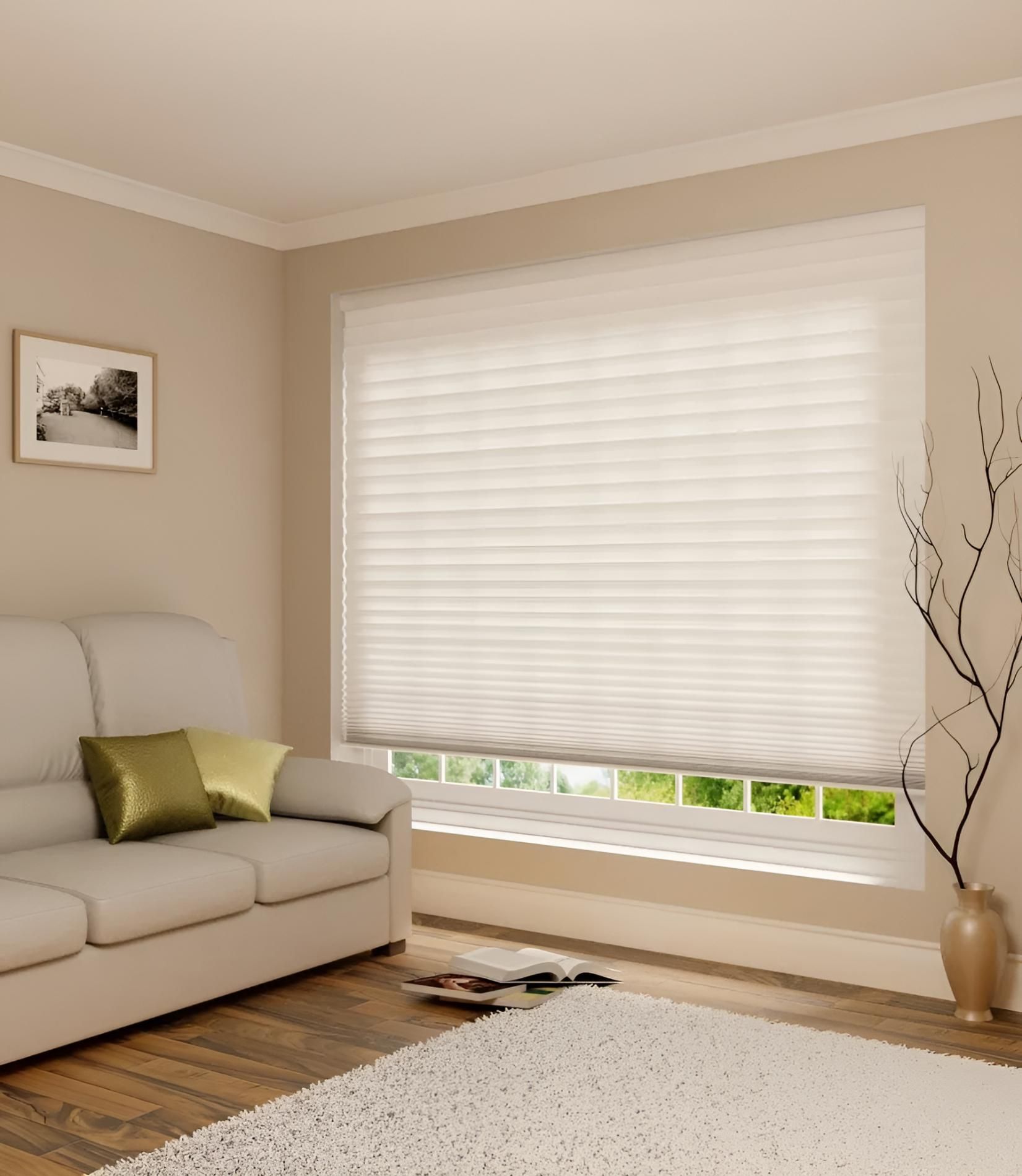 A Living Room With a Couch and a Window With Blinds — Lismore Curtains & Blinds In Lismore, NSW