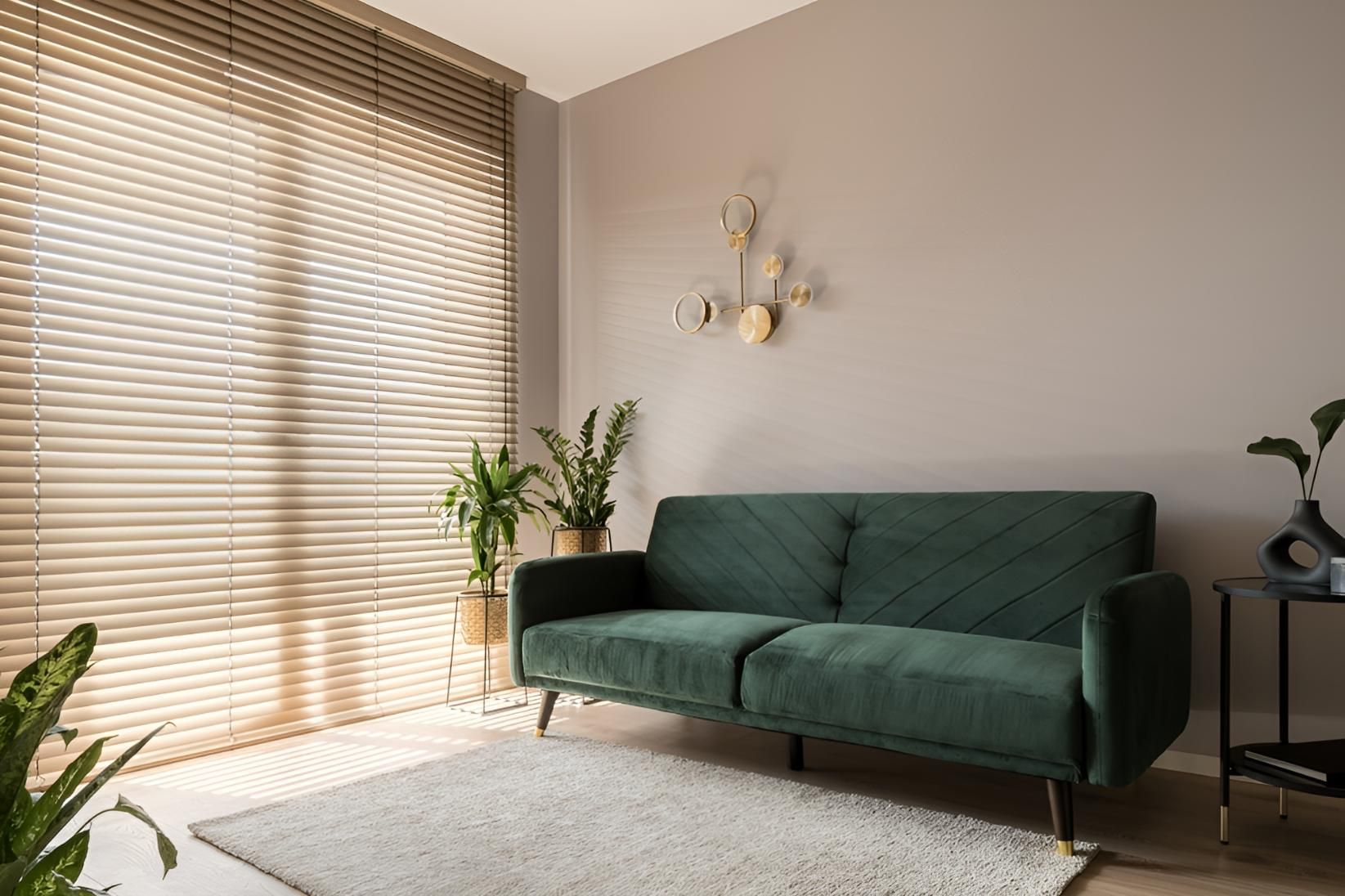 a lounge room with a green couch, a plant and curtains covering the window — Lismore Curtains & Blinds In Lismore, NSW