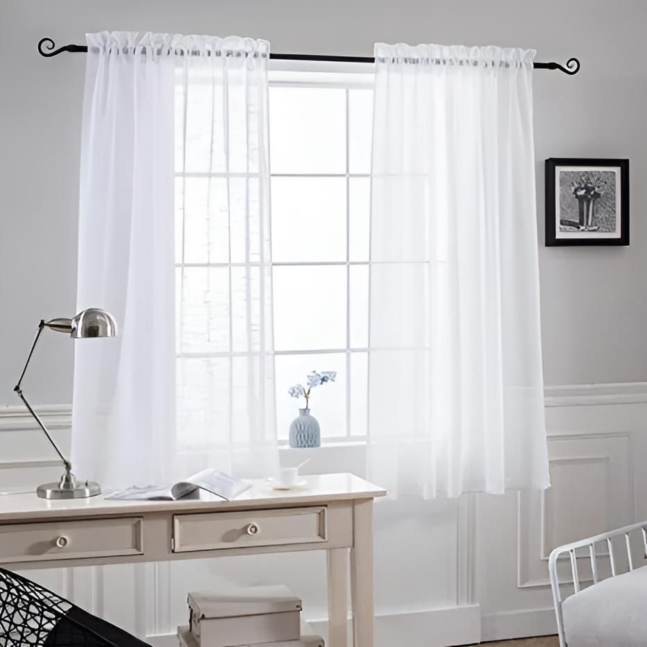 A Living Room With a Desk , Chair , Lamp and White Curtains — Lismore Curtains & Blinds In Lismore, NSW