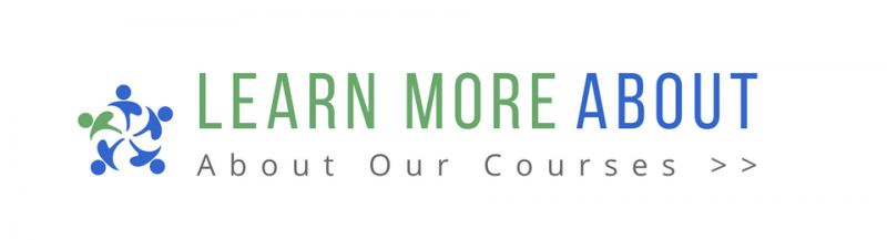 A blue and white logo that says `` learn more about about our courses ''