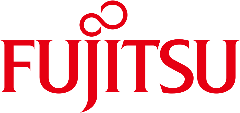A red fujitsu logo on a white background.