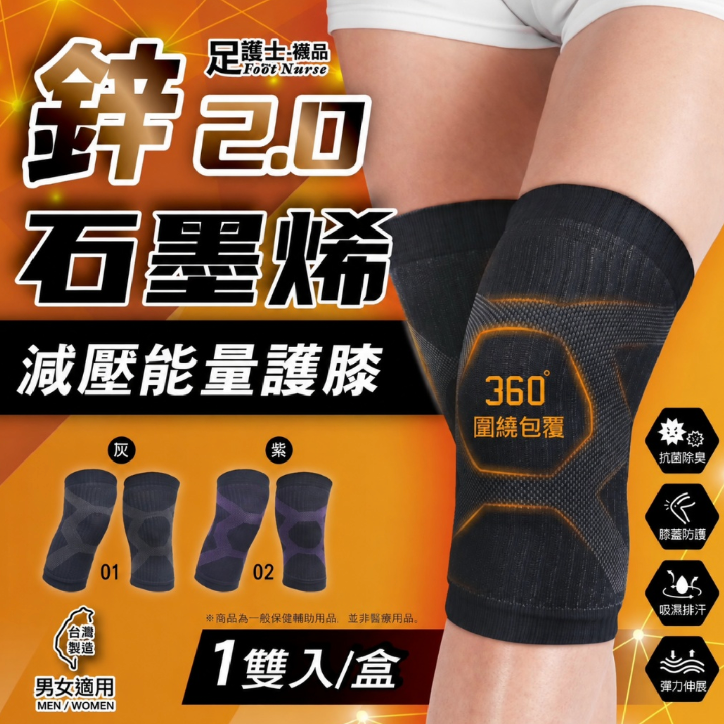 【台灣製造】鋅+石墨烯2.0減壓能量護膝乙雙入