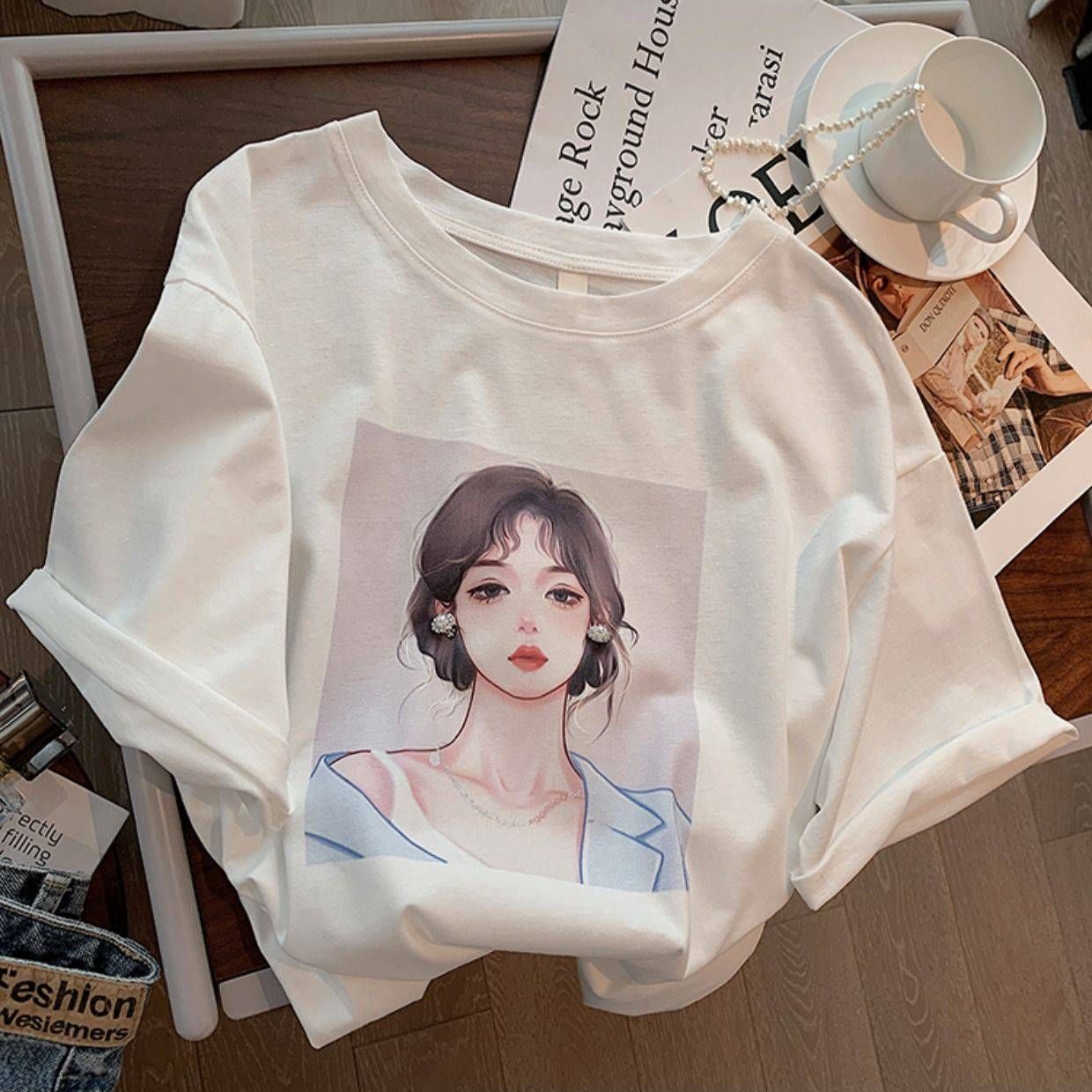 韓國女孩印花純棉短袖T恤 ✨純棉寬鬆百搭顯瘦上衣