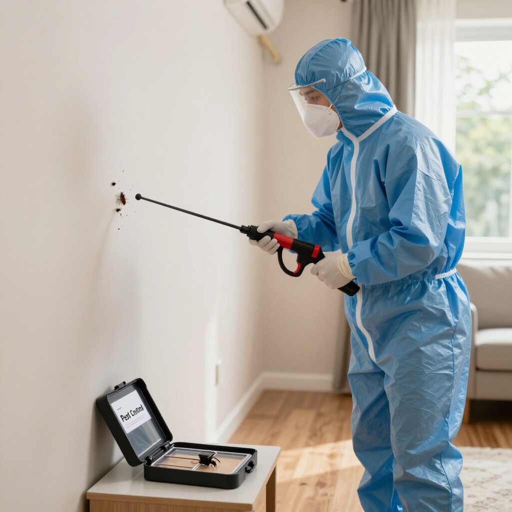 Technician in blue protective suit spraying insecticide in a bright room near an open trap box.