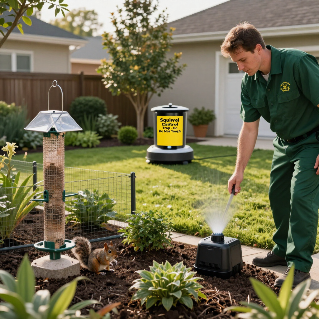 Man watering a garden beside a bird feeder and pest trap in a suburban yard