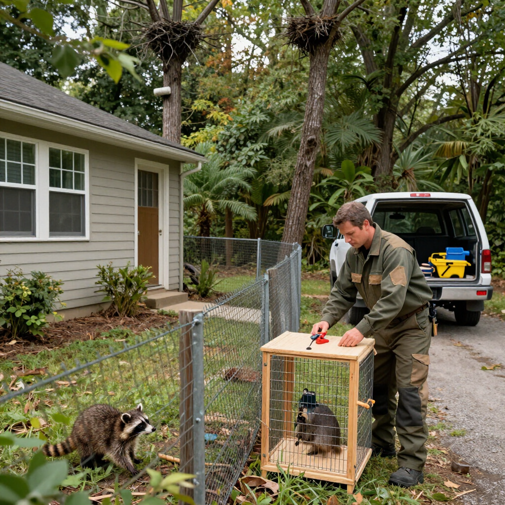 Man placing a raccoon in a wooden crate beside a fenced yard and house, with another raccoon nearby