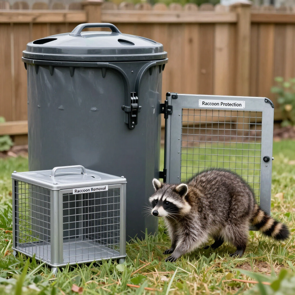 Raccoon near a small live trap and a gray trash can in a grassy yard with a wooden fence.