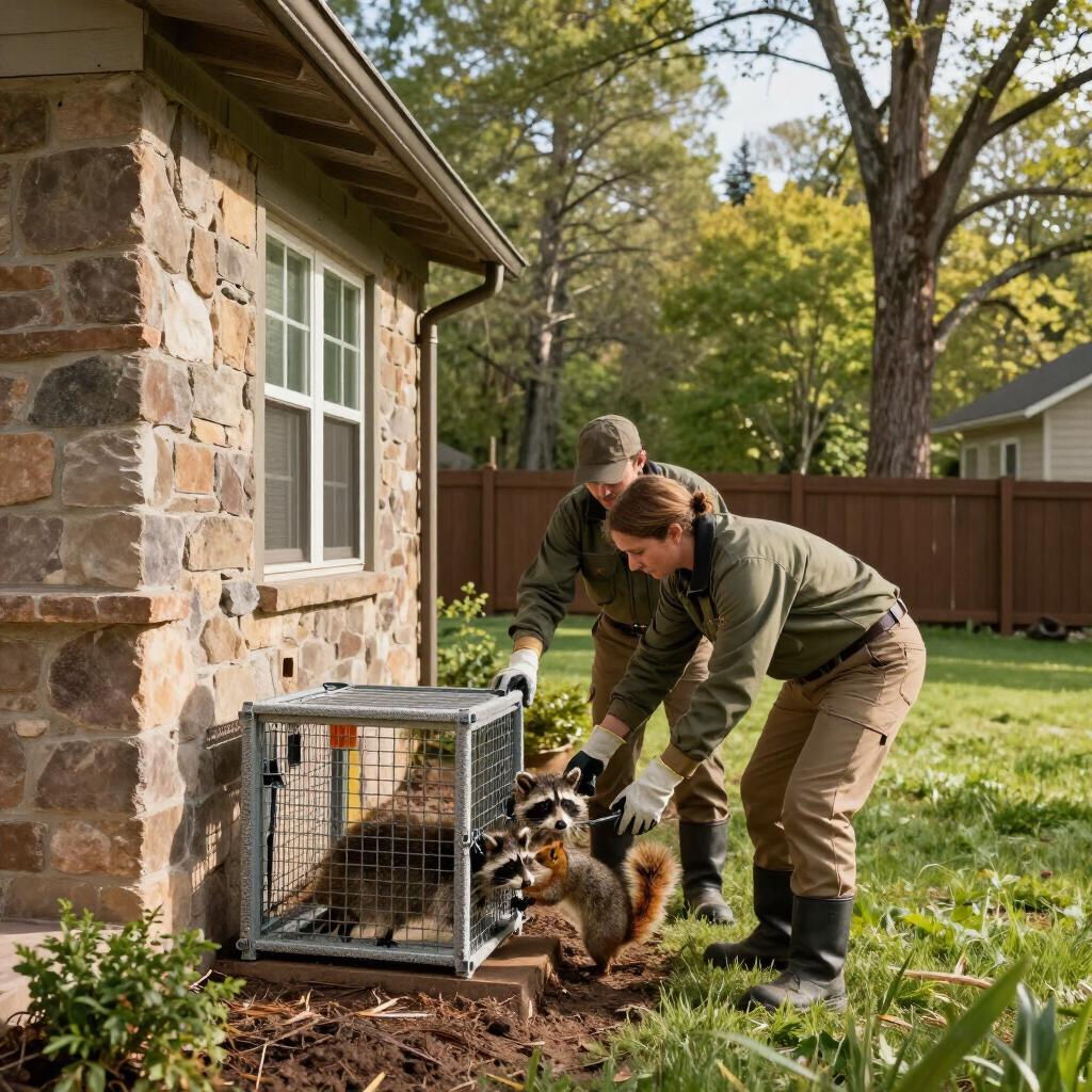 Two people release a raccoon from a cage beside a stone house in a backyard.