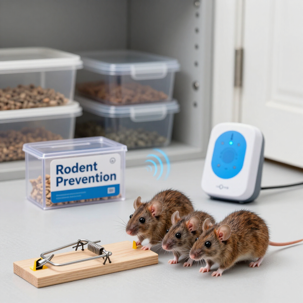 Mice near a snap trap and ultrasonic rodent repeller in a pantry with labeled rodent prevention bins