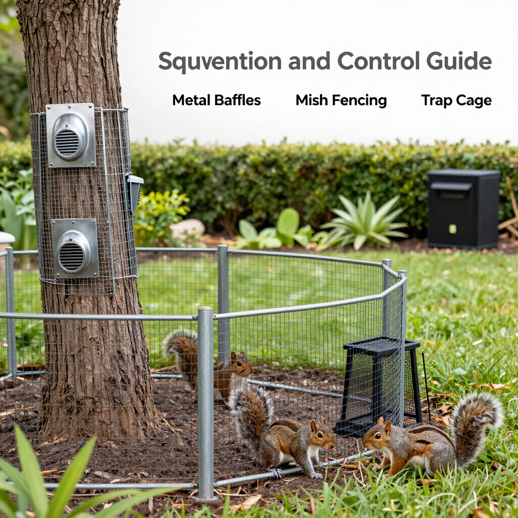 Squirrels trapped in a yard behind metal baffles, mesh fencing, and a trap cage near a tree.