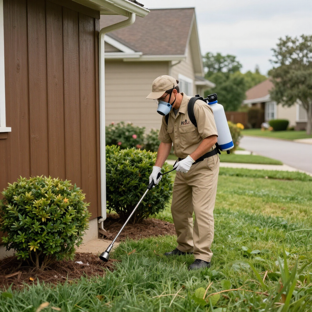 Worker in tan uniform spraying weeds beside a house with a backpack sprayer and wand