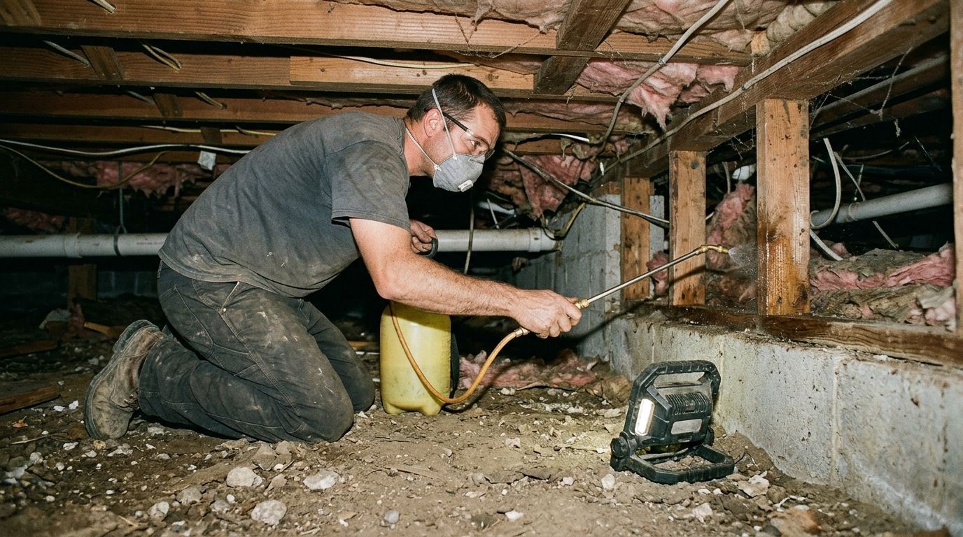 Man kneels under a house, inspecting plumbing with a flashlight in a crawlspace with exposed beams.