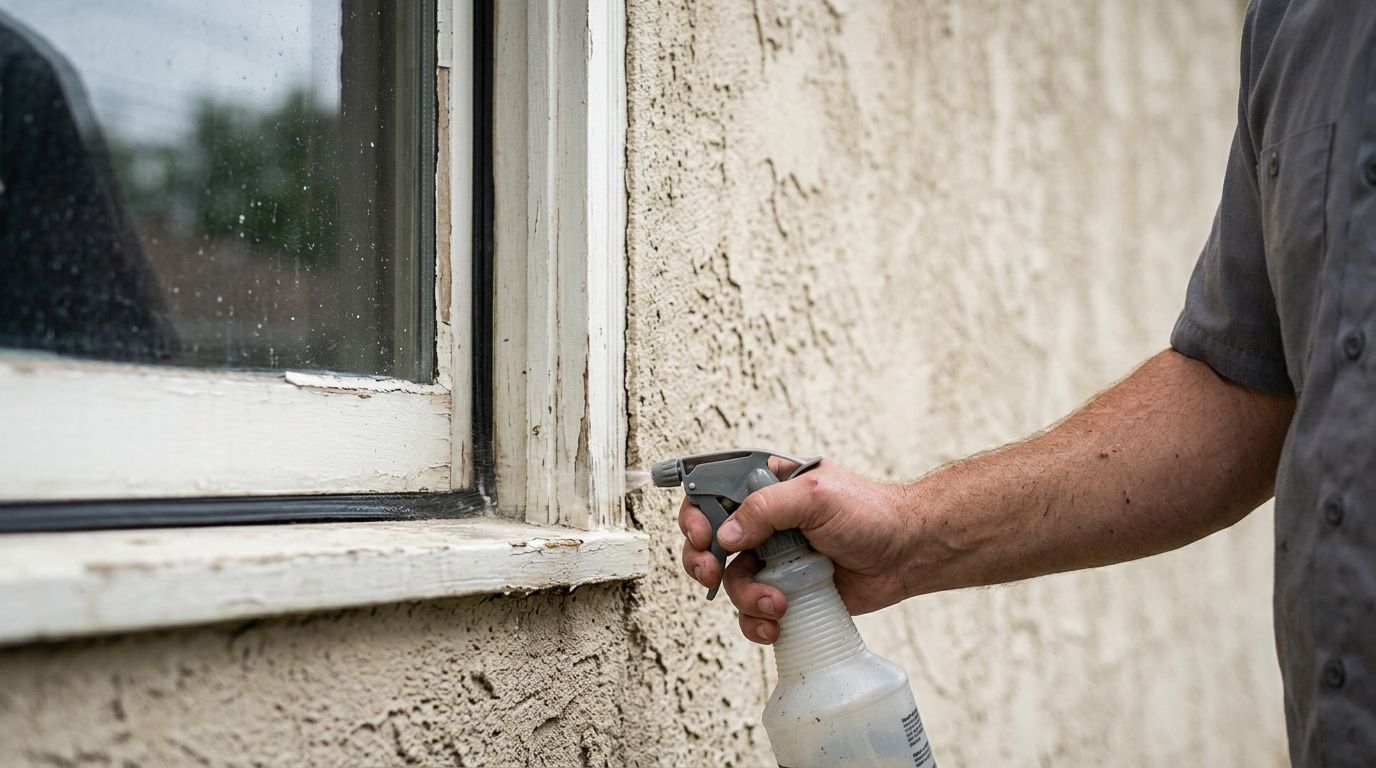 Person spraying cleaner on a dirty window frame and stucco wall exterior