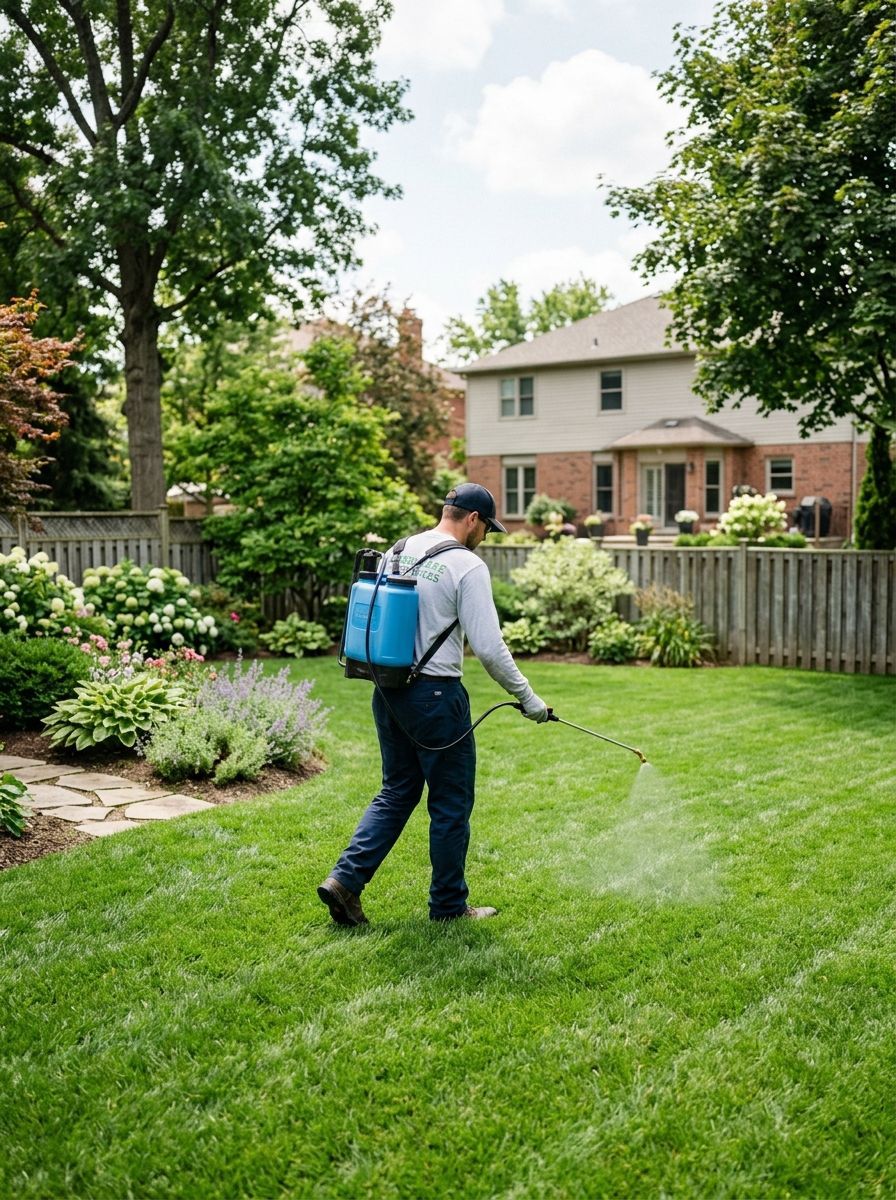 Person using a backpack sprayer on a green lawn in a fenced backyard with trees and a house nearby