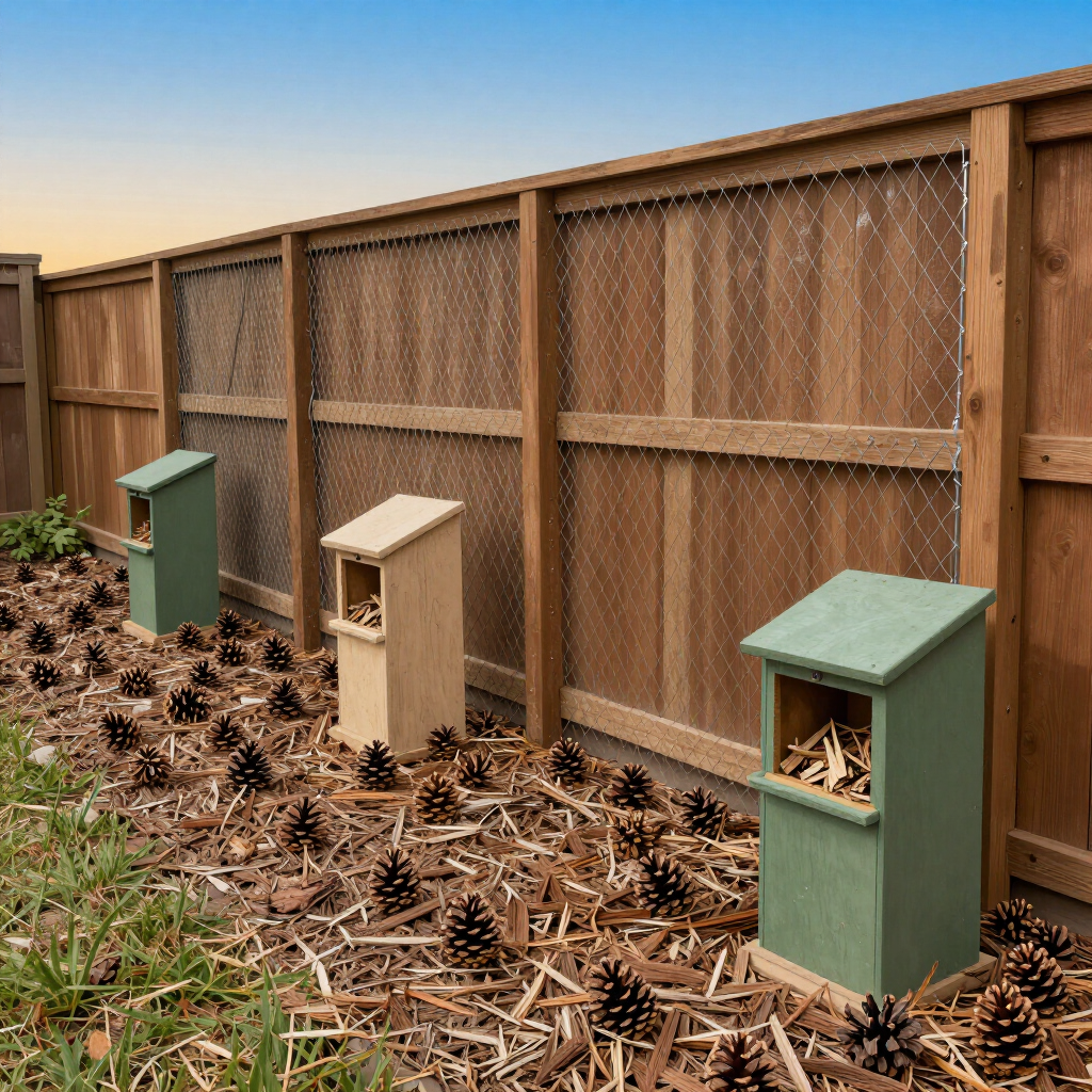 Three colorful birdhouses along a wooden fence in a mulched garden area