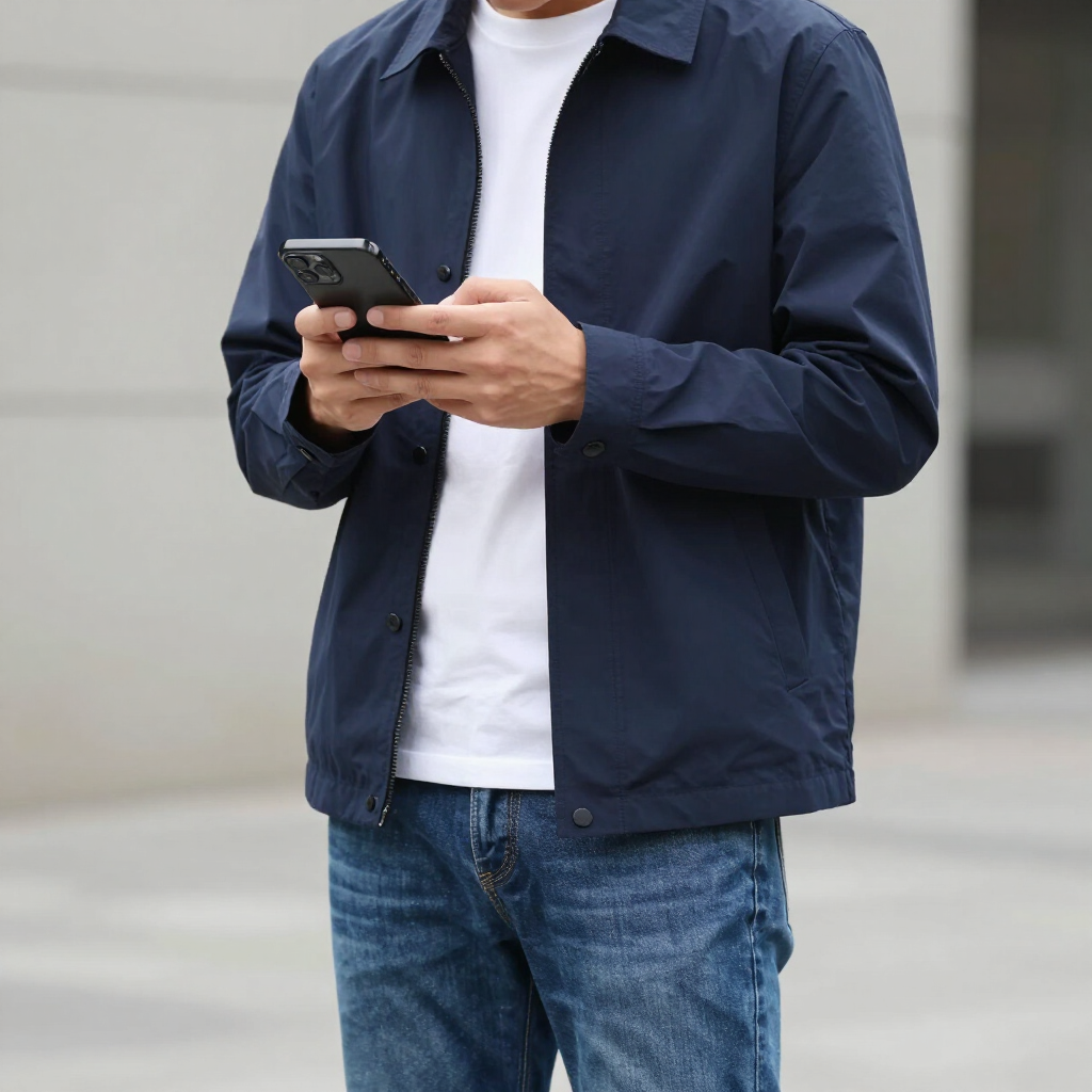 Person in a navy jacket and jeans looking at a smartphone indoors.