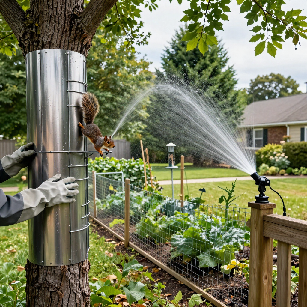 Gloved hand fills a silver rain barrel beside a garden, spraying water toward raised vegetable beds.