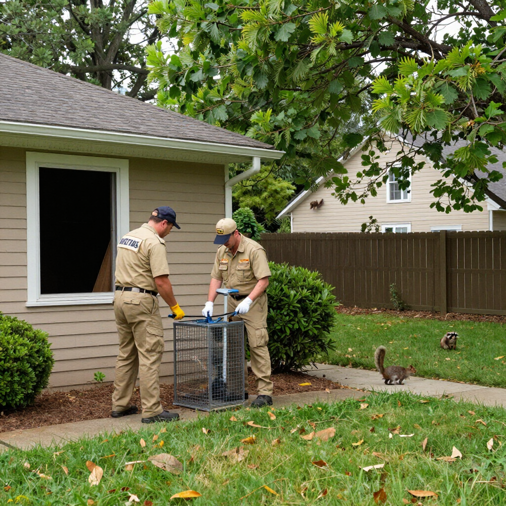 Two workers in tan uniforms handle a metal cage beside a house in a fenced backyard.