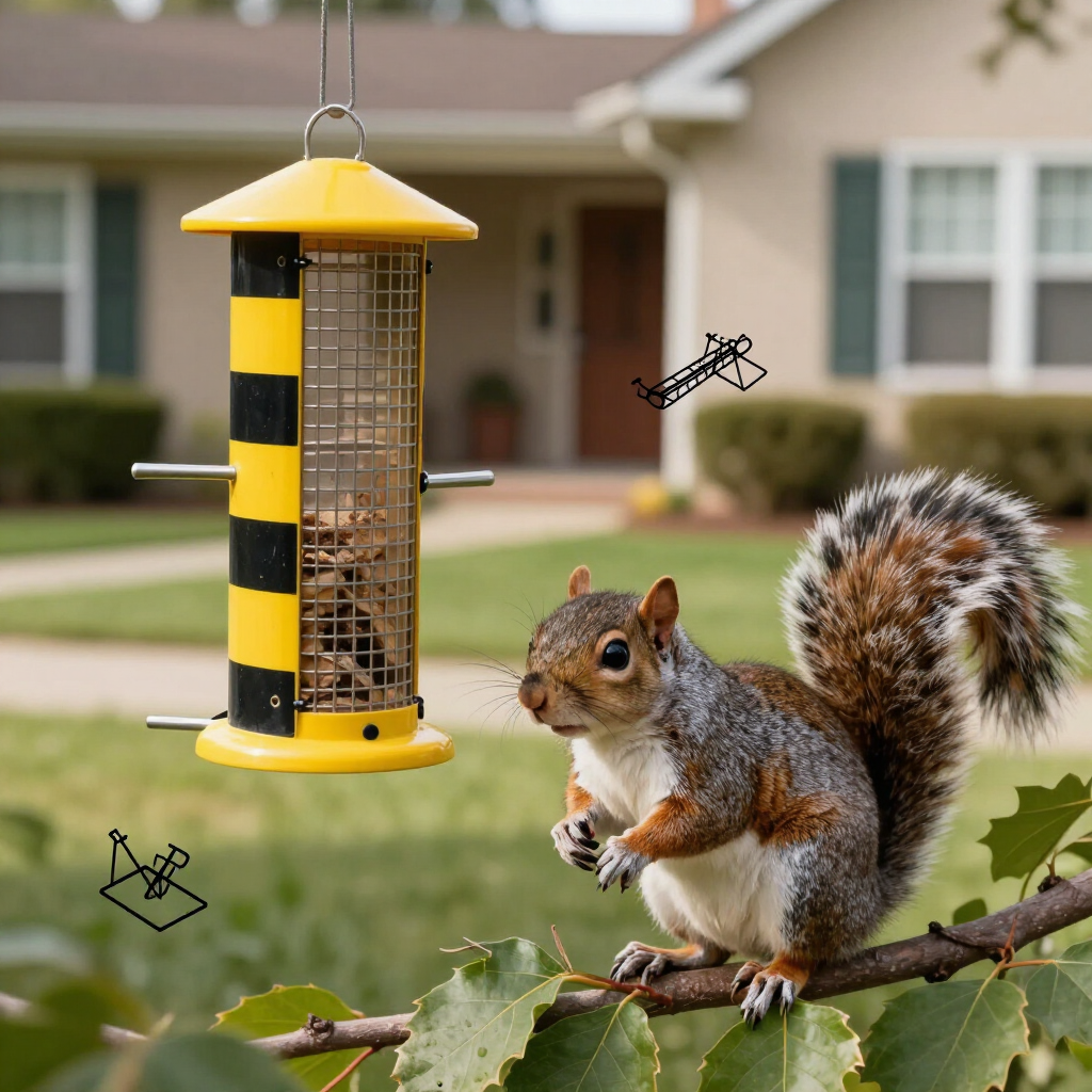 Gray squirrel on a branch beside a yellow-and-black bird feeder in a suburban yard