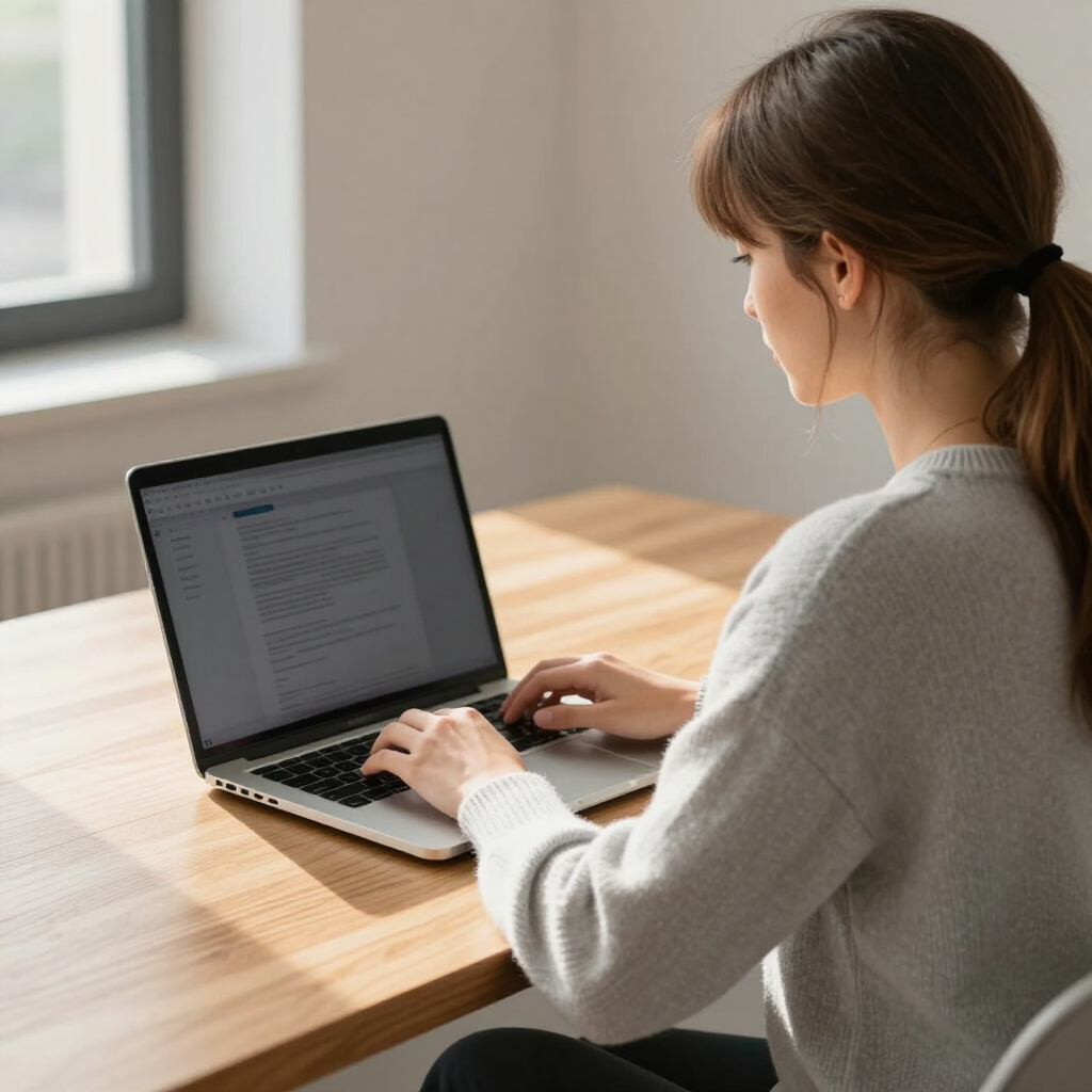 Person working on a laptop at a wooden table by a window