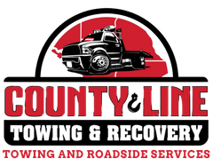 Logo: County & Line Towing; black tow truck on a red map background.