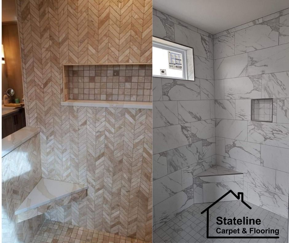 Bathroom shower tile installation: herringbone tan tile beside white marble-look tile with niche and window.