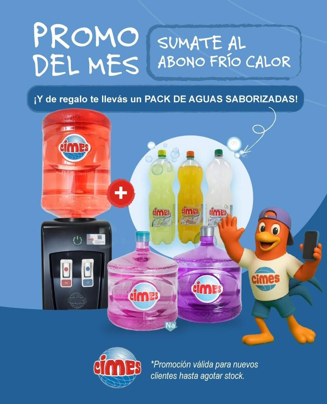 Promo de mes de cimes: bebidas, pack de agua saborizada y dispenser, con personaje naranja.
