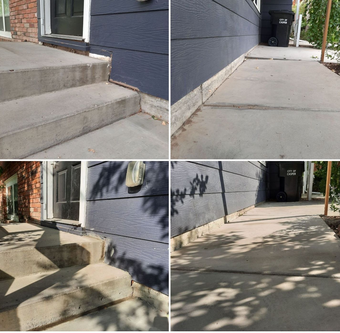 A collage of four pictures shows a staircase and a sidewalk