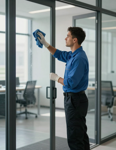 Janitorial team member cleaning a glass office entrance