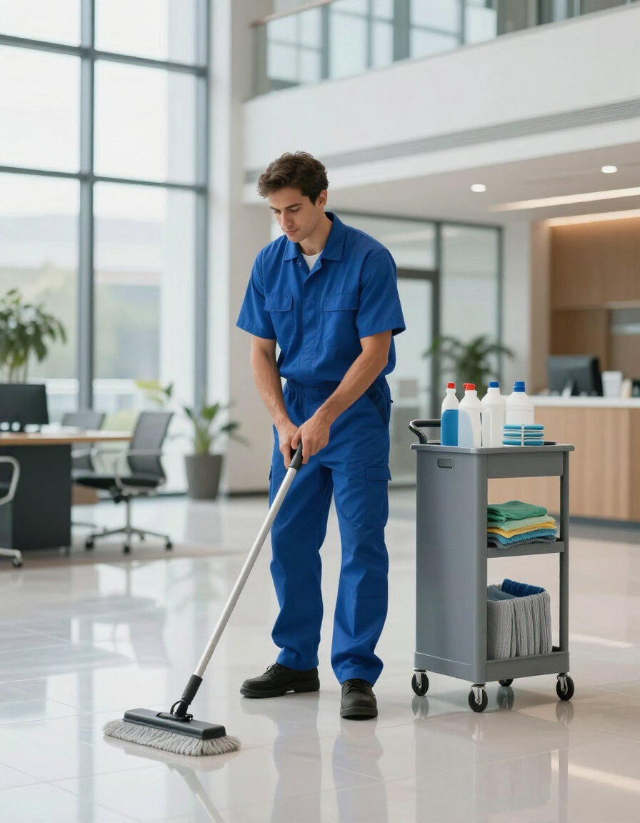 Janitorial worker cleaning an office lobby