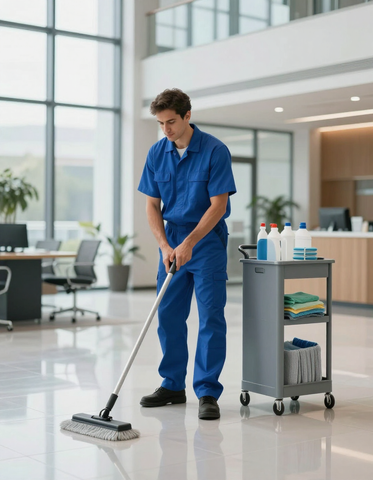 Commercial cleaning team maintaining an apartment b
