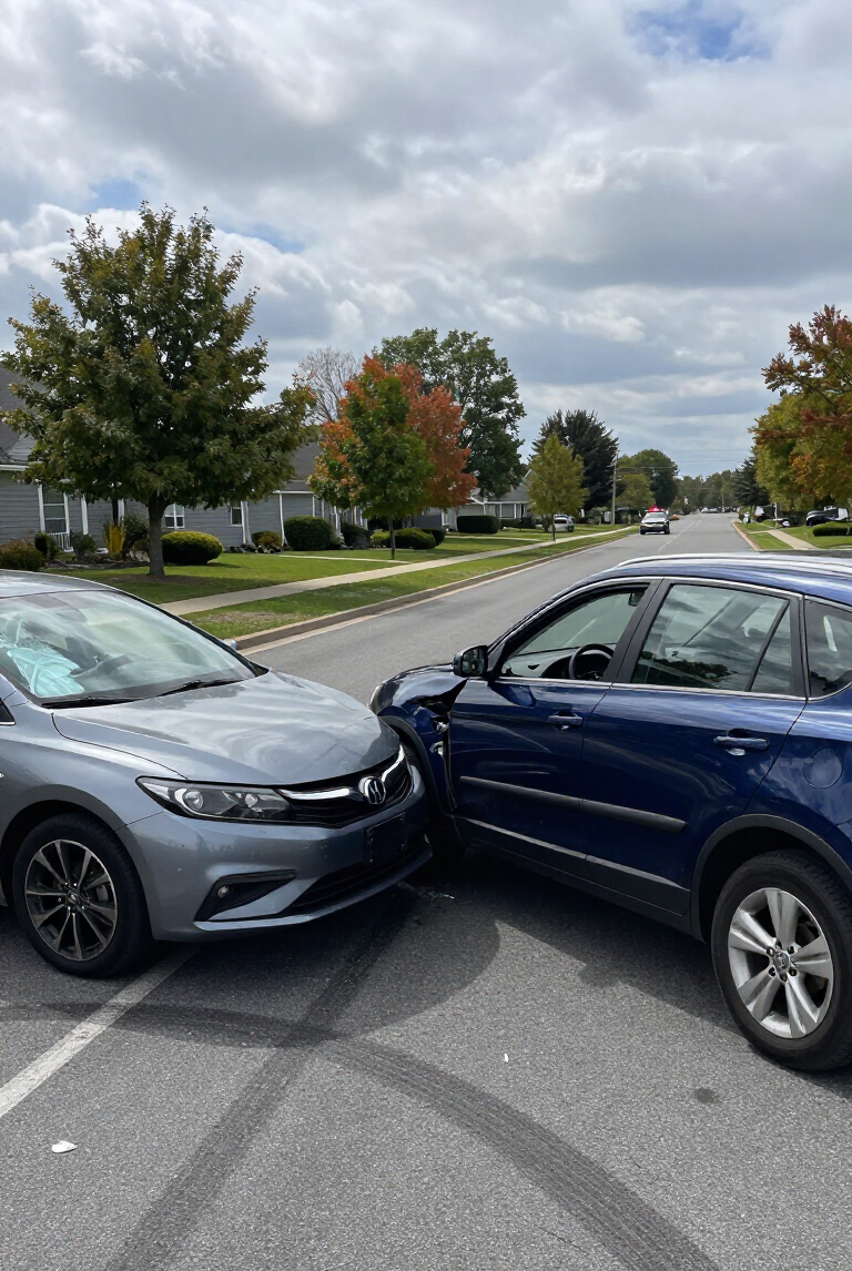 Two cars collided nose-to-nose on a suburban street under cloudy skies.
