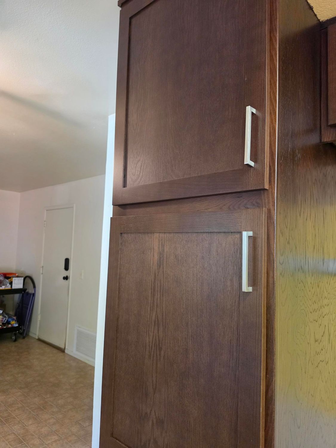 Kitchen cabinet next to a hallway, with two dark wood doors and silver handles
