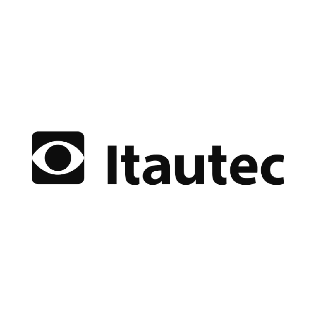 Logotipo da Itautec: marca nominativa preta com um ícone de olho estilizado sobre fundo branco.