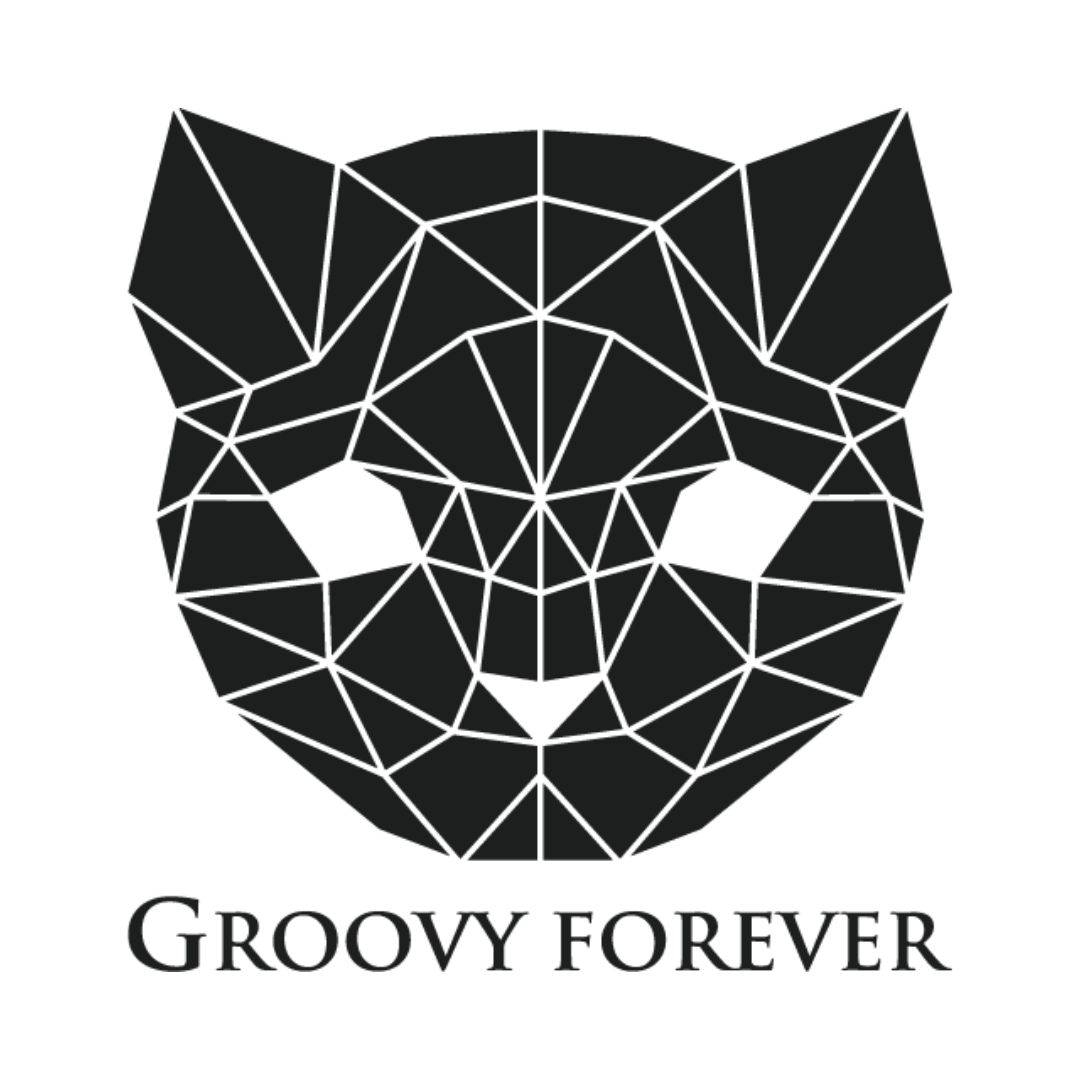 Logotipo geométrico com o rosto de um gato preto e a inscrição “GROOVY FOREVER” abaixo.