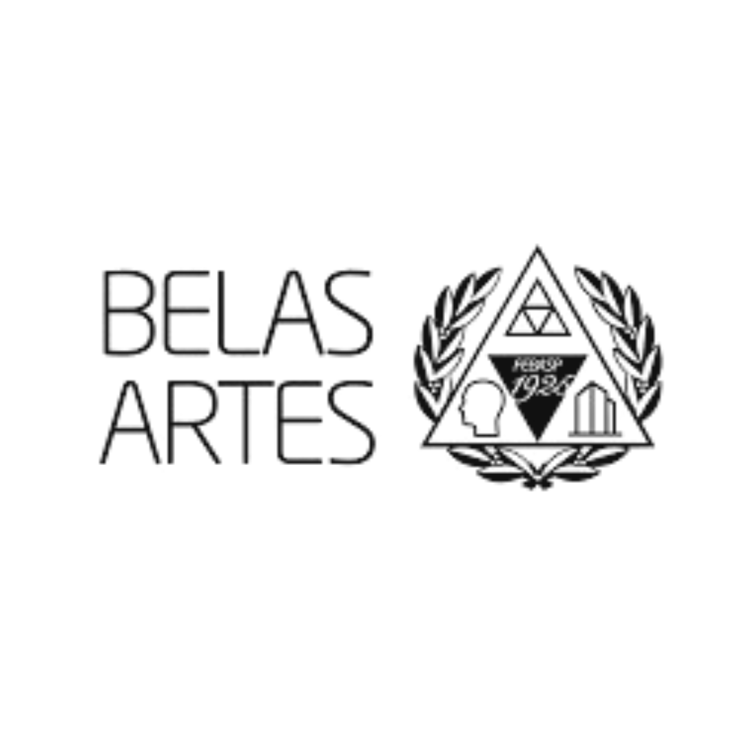 Logotipo de Belas Artes com texto e um emblema preto apresentando um triângulo, uma coroa de louros e símbolos arquitetônicos.