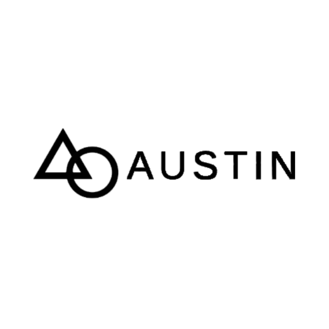Logotipo geométrico preto com a palavra “AUSTIN” em letras maiúsculas sobre fundo branco.