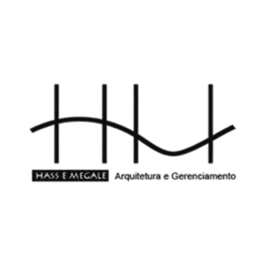 Black-and-white Hasse e Megale logo with stylized lines and the text “Arquitetura e Gerenciamento”