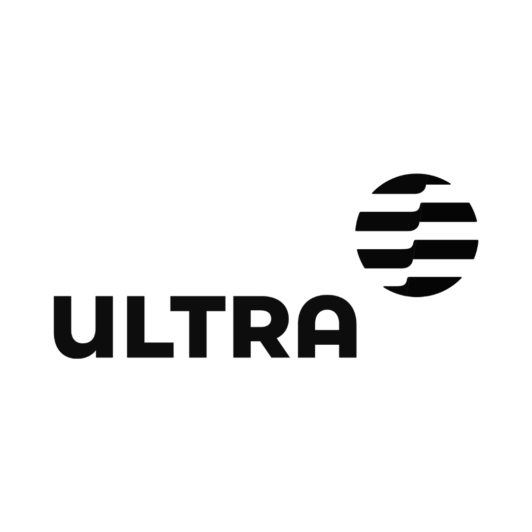 Logotipo ULTRA em preto com um ícone circular listrado acima do texto.