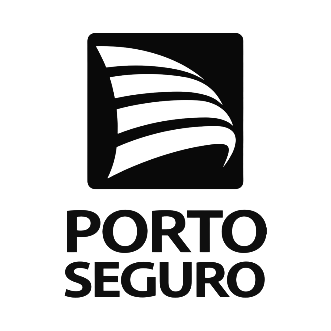Logotipo da Porto Seguro com ícone de vela em preto e branco e texto.