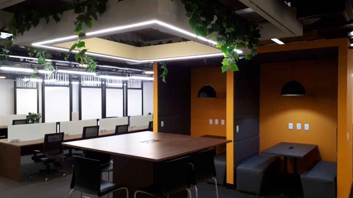 Escritório moderno em plano aberto com mesas, cadeiras, paredes laranja e plantas suspensas sob luminárias geométricas no teto.