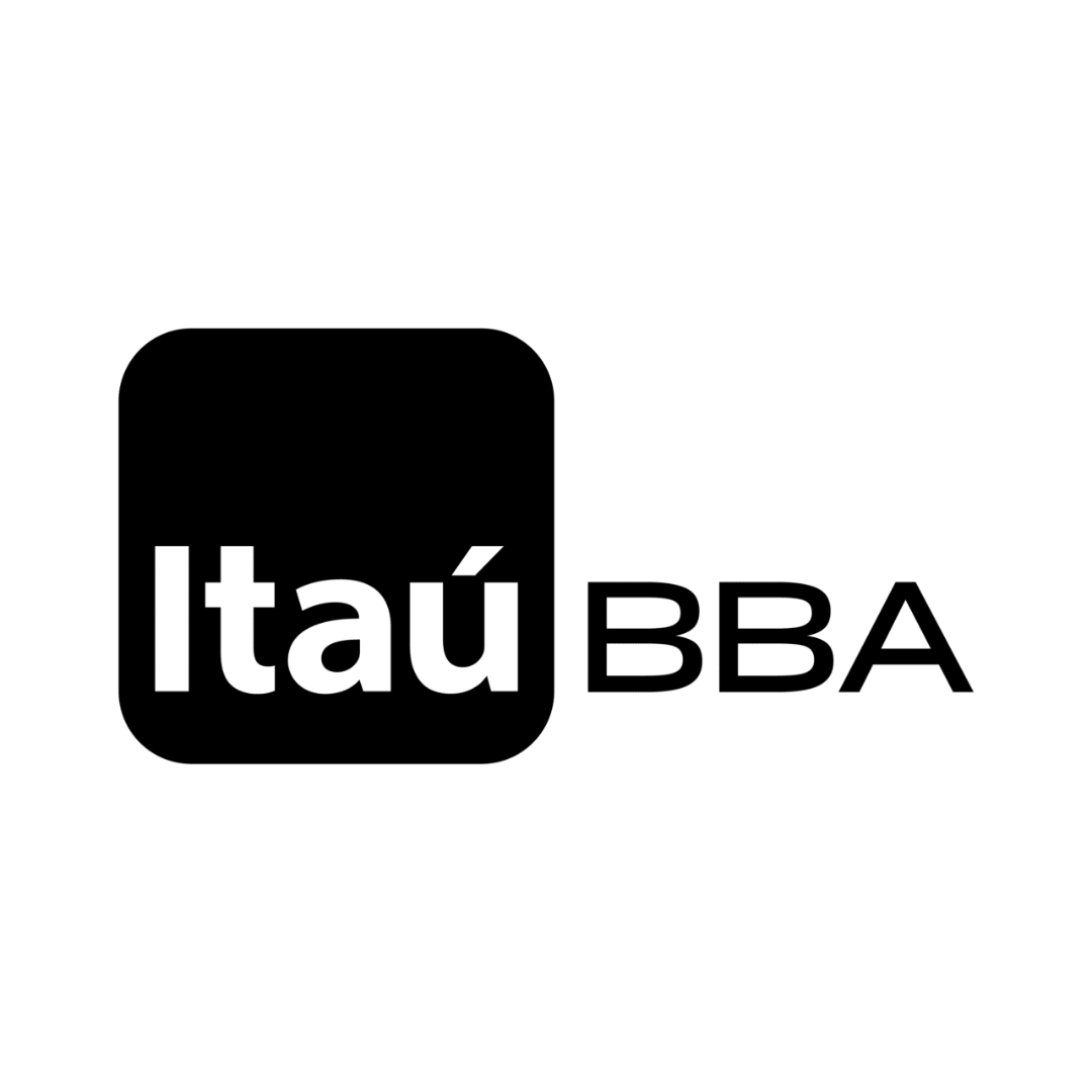 Logotipo do Itaú BBA em texto preto com um ícone quadrado arredondado preto sobre fundo branco.